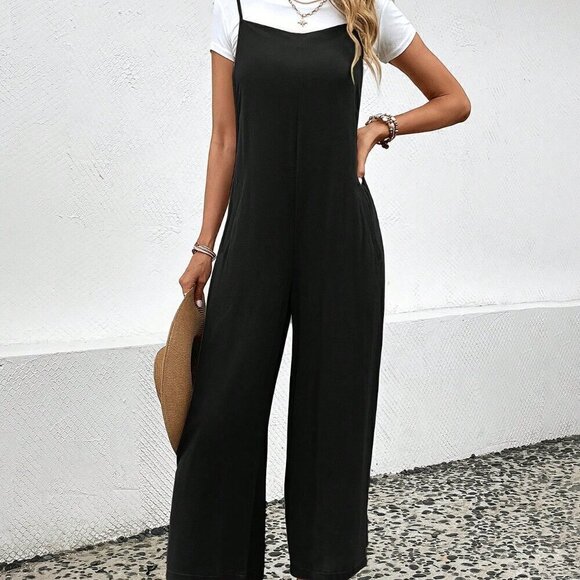 Black Casual Women's Monochrome Overall Jumpsuit - Picture 1 of 6